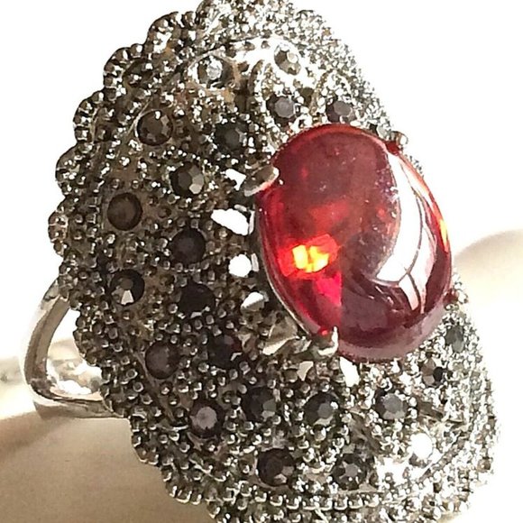 Art Deco Ruby Marcasite Cocktail Ring Size 6 7 Silver Rhodium Plated Simulated - Picture 7 of 12